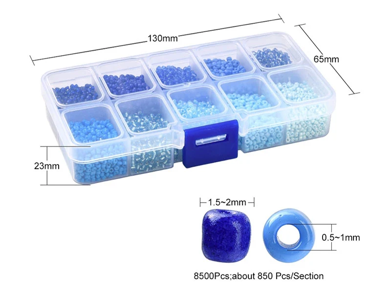 Boite de perles de rocailles - 10 Nuances bleues- 2,5mm - 8500 pcs