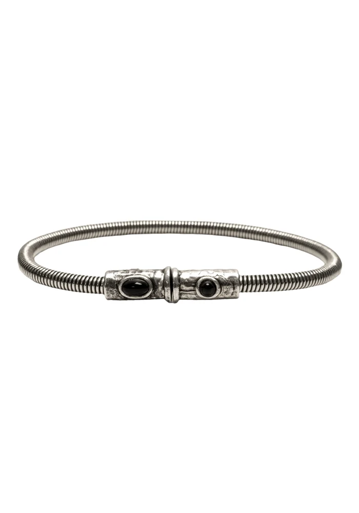 Bracelet Homme Corde De Basse Big Plaqué Argent Vieilli Onyx Noir