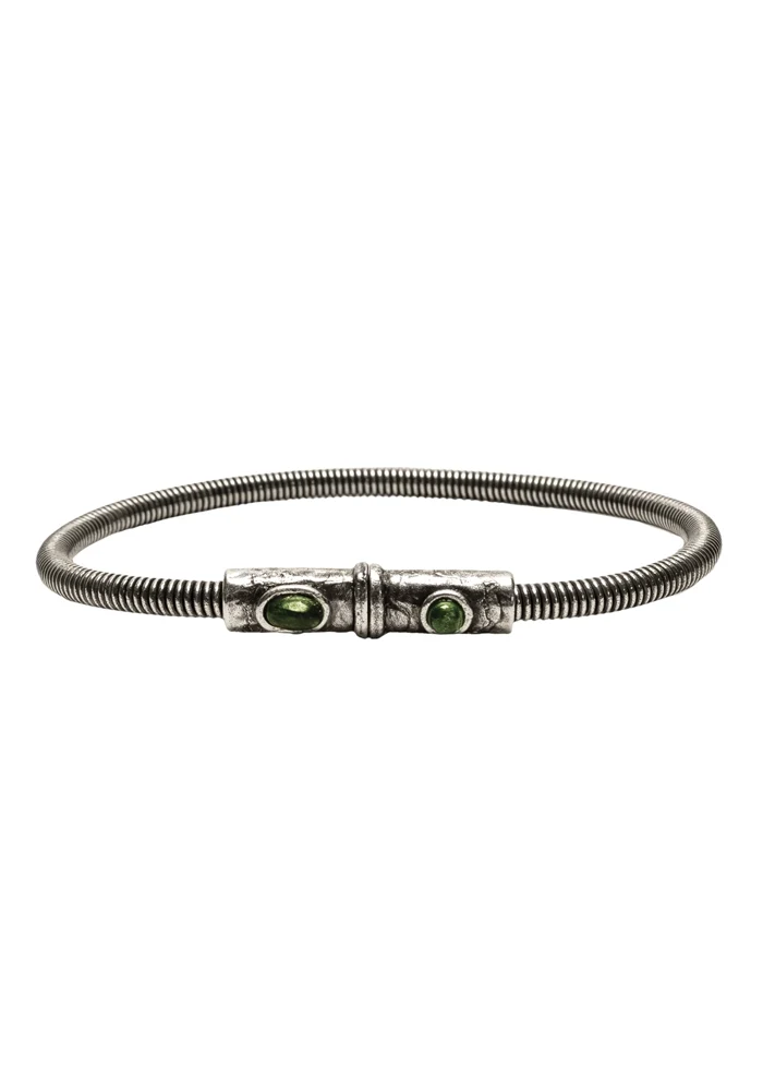 Bracelet Homme Corde De Basse Big Plaqué Argent Vieilli Malachite