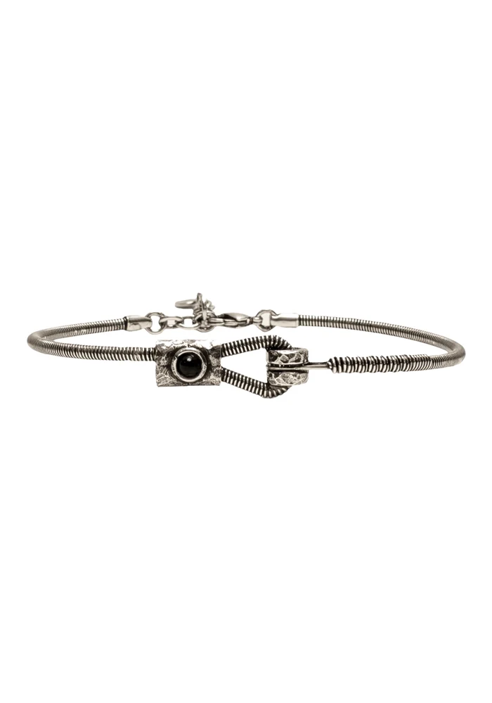 Bracelet Homme Corde De Basse Fixation Horizontale Argent Vieilli Onyx Noir