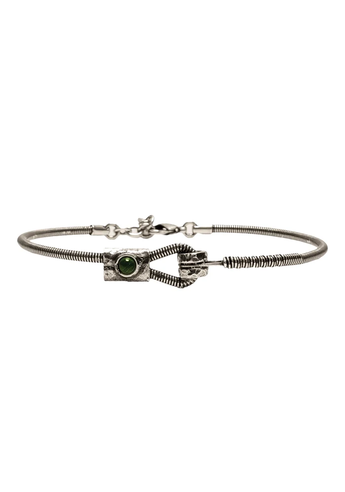 Bracelet Homme Corde De Basse Fixation Horizontale Argent Vieilli Malachite