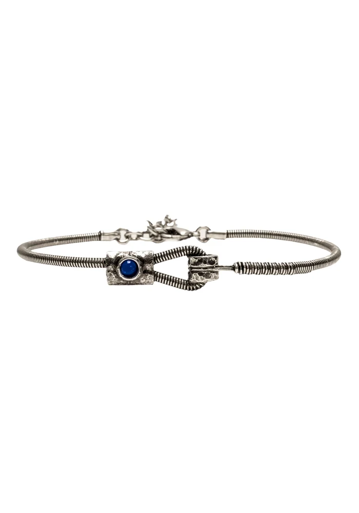 Bracelet Homme Corde De Basse Fixation Horizontale Argent Vieilli Lapis Lazuli