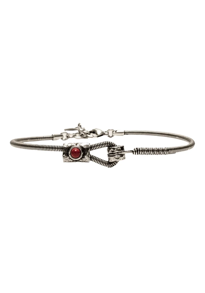Bracelet Corde De Basse Plaqué Argent Et Pierre Naturelle Jaspe Rouge