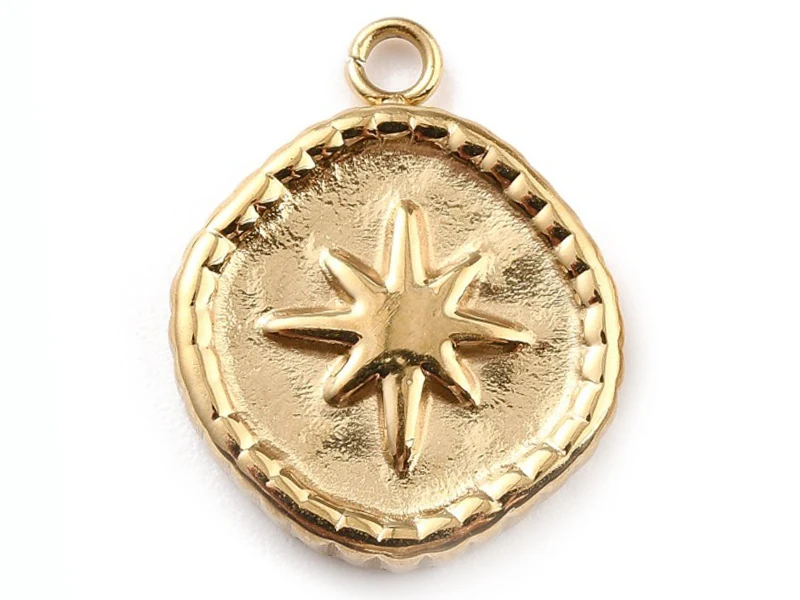 Pendentif rond avec étoile du nord - 17 x 13 mm - doré à l'or fin 24K