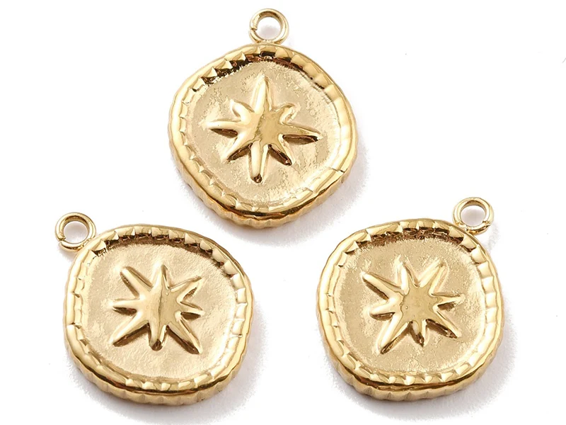 Pendentif rond avec étoile du nord - 17 x 13 mm - doré à l'or fin 24K
