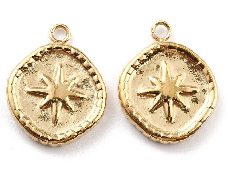 Pendentif rond avec étoile du nord - 17 x 13 mm - doré à l'or fin 24K