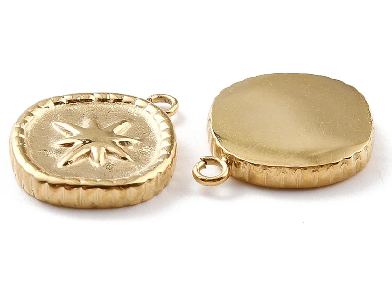 Pendentif rond avec étoile du nord - 17 x 13 mm - doré à l'or fin 24K