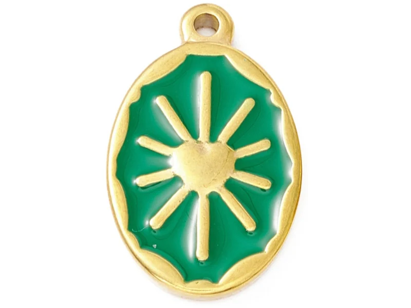 Pendentif émaillé vert - Soleil ovale - 23 x 14 mm - doré et acier inox