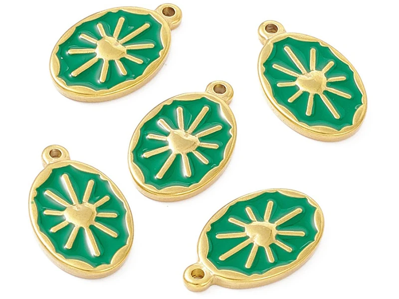 Pendentif émaillé vert - Soleil ovale - 23 x 14 mm - doré et acier inox