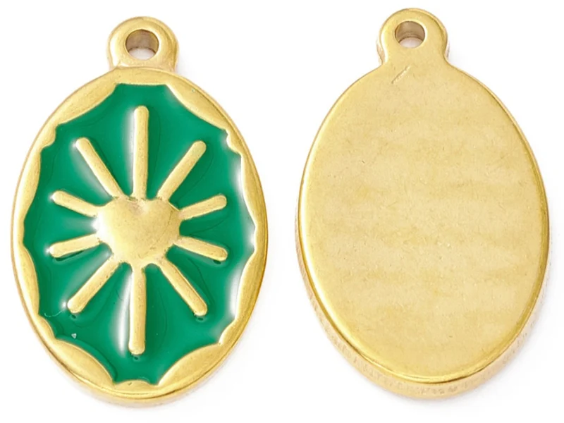 Pendentif émaillé vert - Soleil ovale - 23 x 14 mm - doré et acier inox