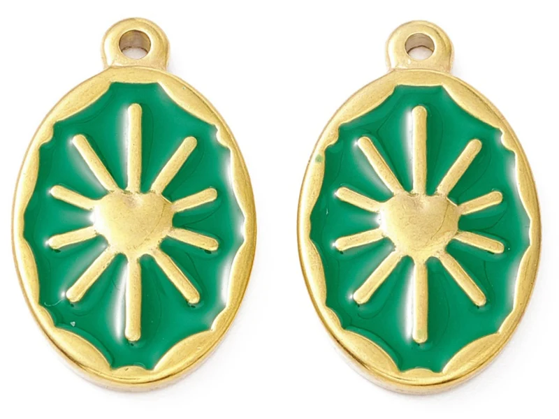 Pendentif émaillé vert - Soleil ovale - 23 x 14 mm - doré et acier inox