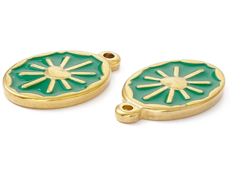 Pendentif émaillé vert - Soleil ovale - 23 x 14 mm - doré et acier inox