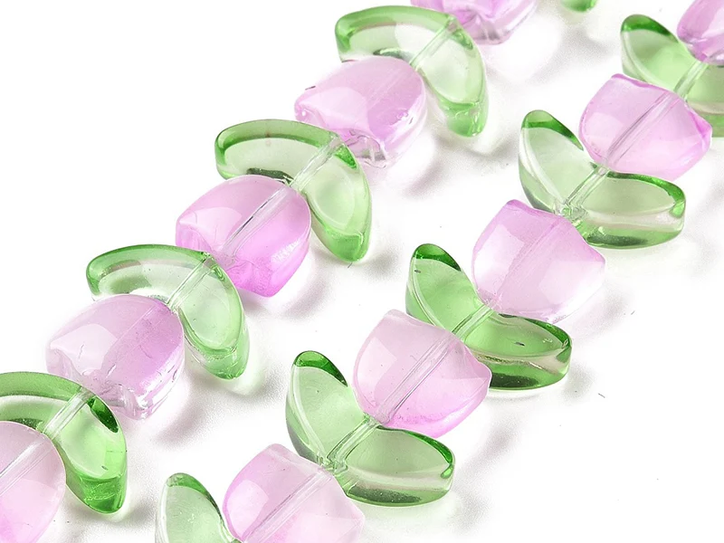 14 perles en verre - Tulipe rose - 15 x 15 mm