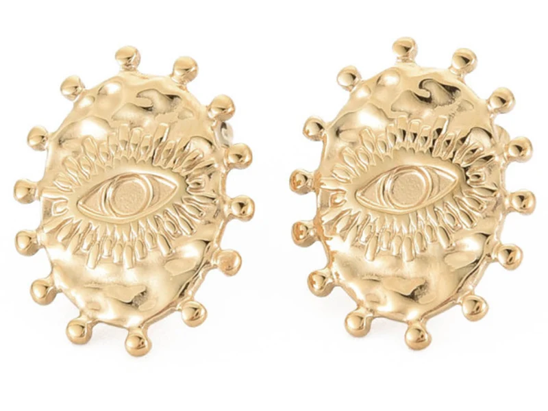 Paire de puces d'oreilles ovales ethniques - doré a l'or fin 18K - 19 x 15 mm