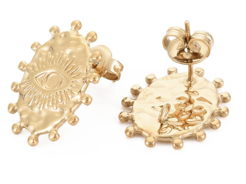 Paire de puces d'oreilles ovales ethniques - doré a l'or fin 18K - 19 x 15 mm