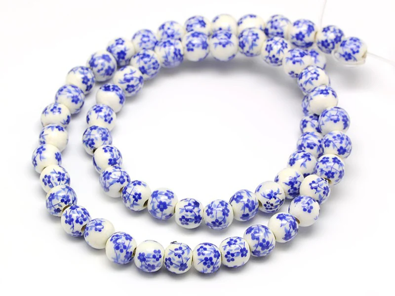 Lot de 10 perles en porcelaine - Fleurs bleues - 6 mm