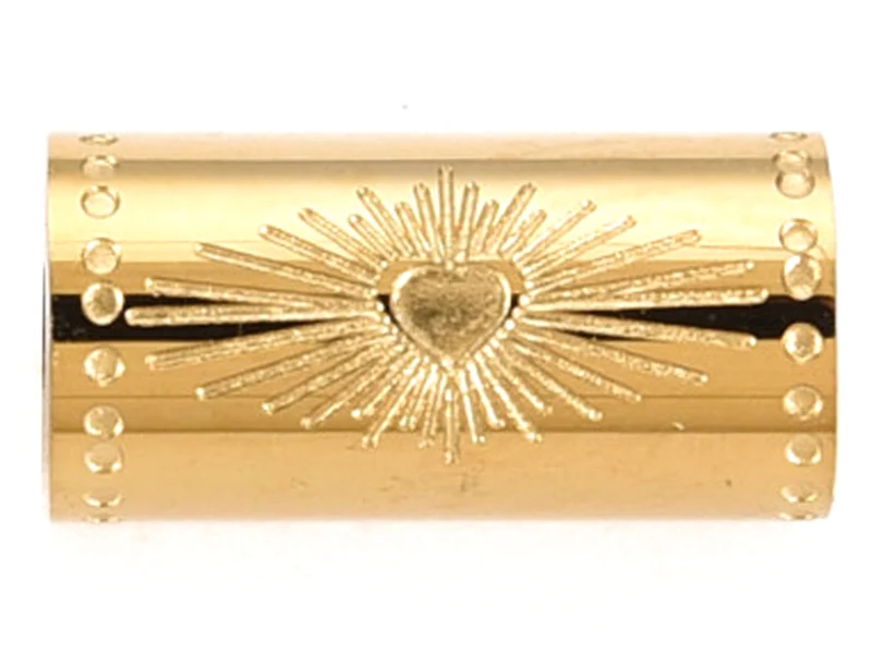 Perle talisman - Colonne avec cœur - Doré à l'or fin 14 K - 12 mm