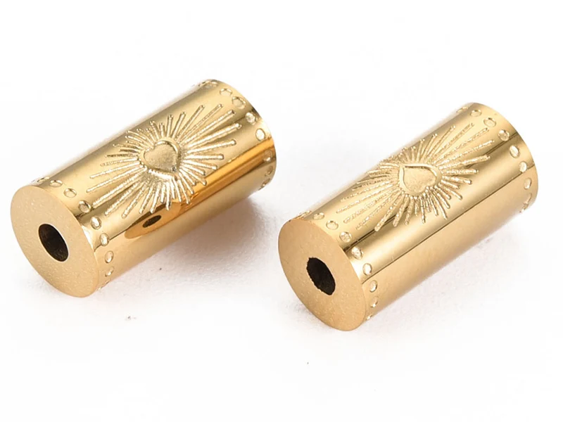 Perle talisman - Colonne avec cœur - Doré à l'or fin 14 K - 12 mm