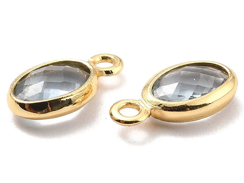 Pendentif ovale serti en verre à facettes - doré à l'or fin 18K - 9 mm - Gris