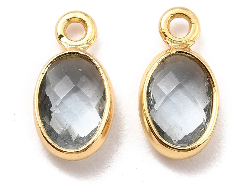 Pendentif ovale serti en verre à facettes - doré à l'or fin 18K - 9 mm - Gris