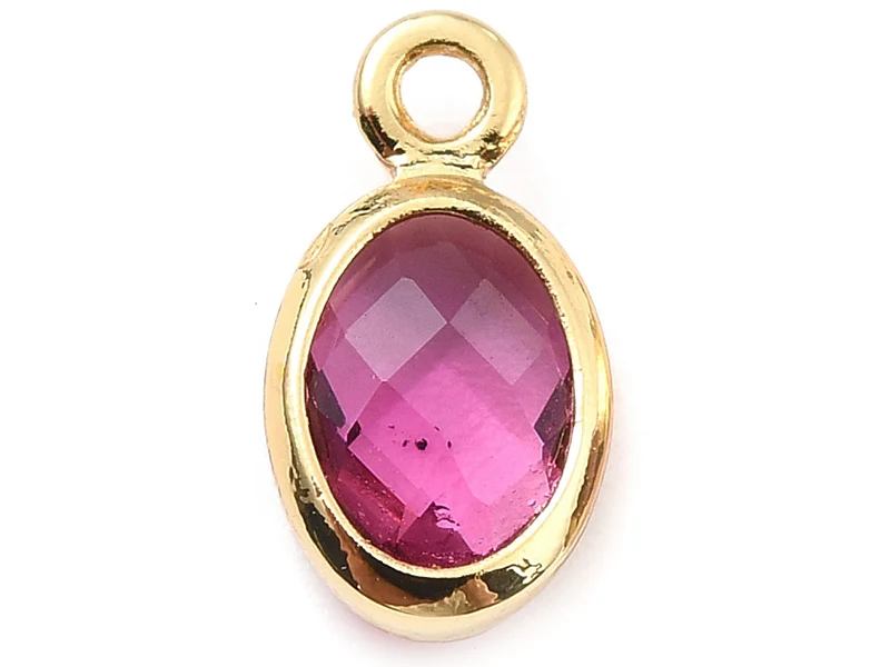 Pendentif ovale serti en verre à facettes - doré à l'or fin 18K - 9 mm - Rose fuchsia