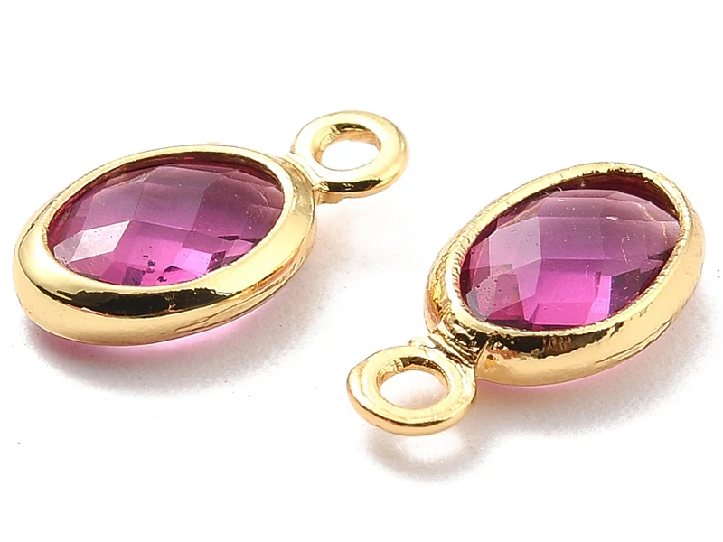 Pendentif ovale serti en verre à facettes - doré à l'or fin 18K - 9 mm - Rose fuchsia