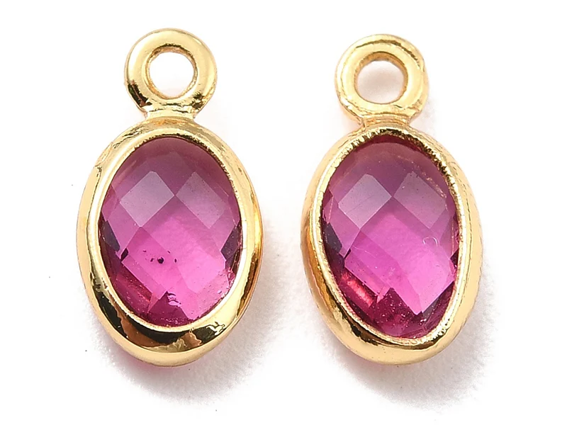 Pendentif ovale serti en verre à facettes - doré à l'or fin 18K - 9 mm - Rose fuchsia