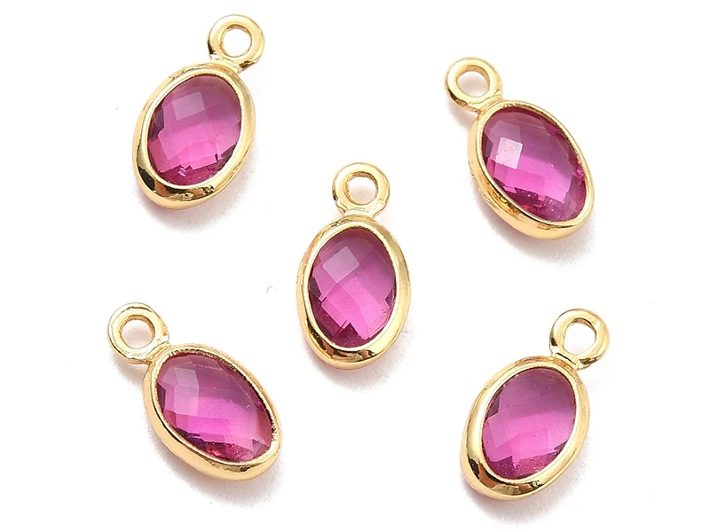 Pendentif ovale serti en verre à facettes - doré à l'or fin 18K - 9 mm - Rose fuchsia