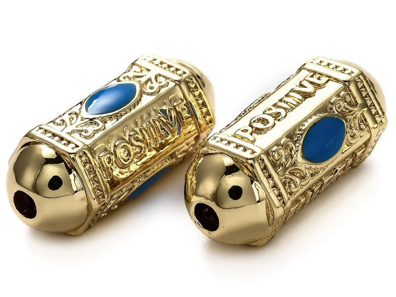 Perle talisman - Doré à l'or fin 18 K - émaillée bleu - 19 mm