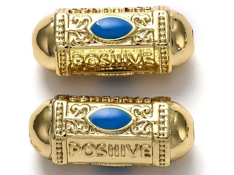 Perle talisman - Doré à l'or fin 18 K - émaillée bleu - 19 mm