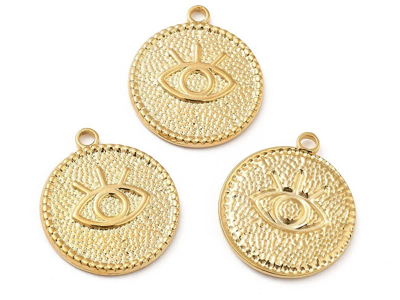 Pendentif rond avec œil - Doré à l'or fin 18k - 22 x 19 mm