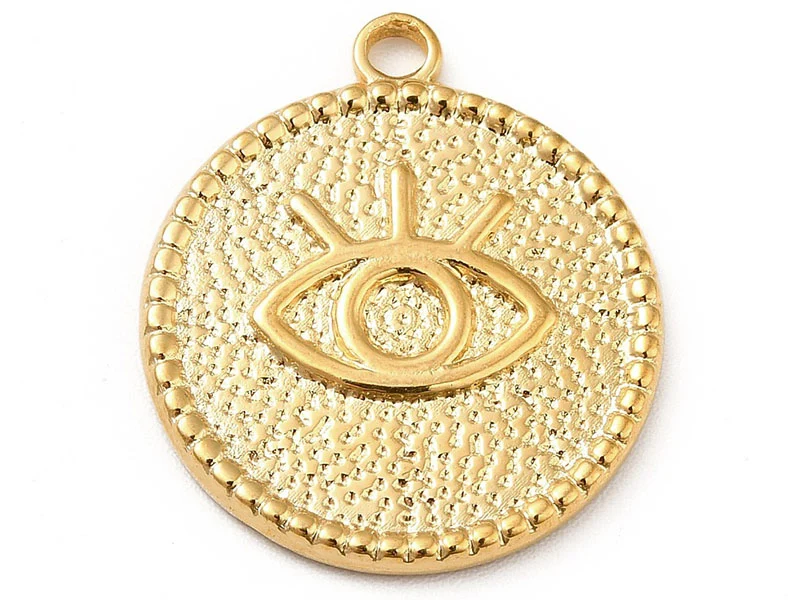 Pendentif rond avec œil - Doré à l'or fin 18k - 22 x 19 mm