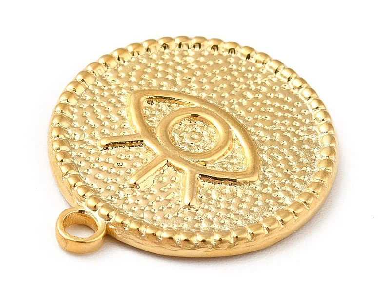 Pendentif rond avec œil - Doré à l'or fin 18k - 22 x 19 mm