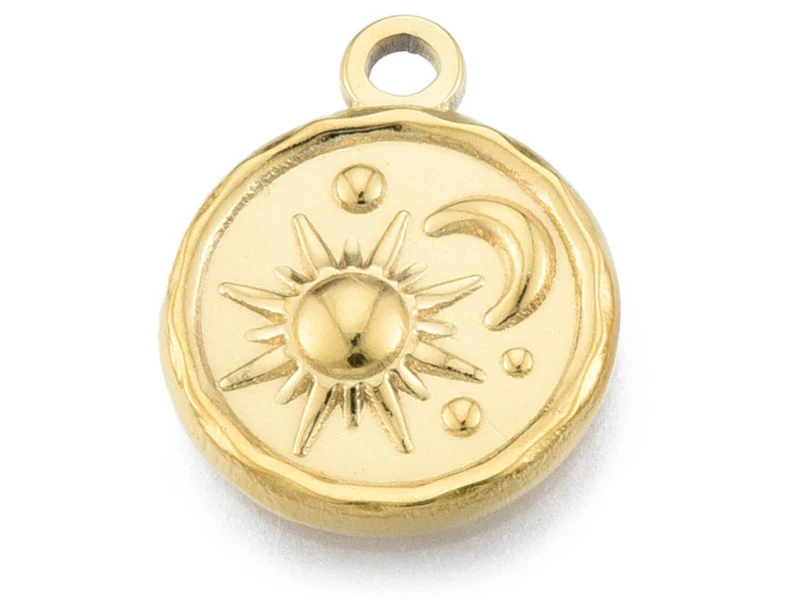 Pendentif rond soleil et lune doré à l'or fin 18K - 19 x 15 mm