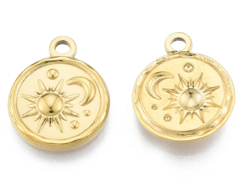 Pendentif rond soleil et lune doré à l'or fin 18K - 19 x 15 mm