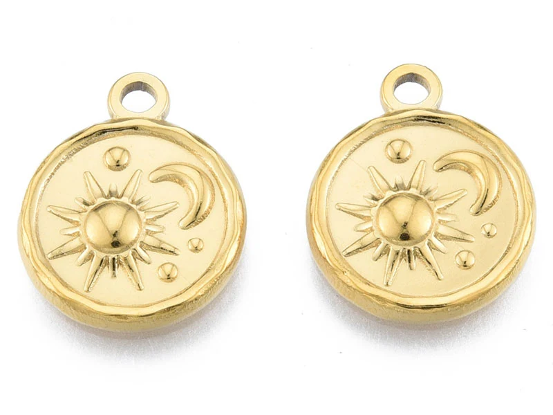 Pendentif rond soleil et lune doré à l'or fin 18K - 19 x 15 mm