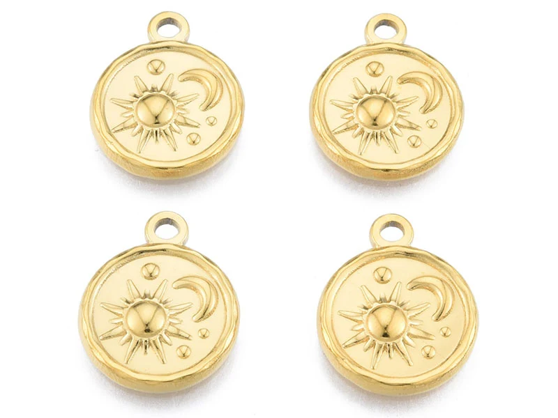 Pendentif rond soleil et lune doré à l'or fin 18K - 19 x 15 mm