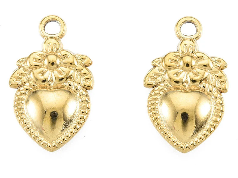 Pendentif cœur et fleur doré à l'or fin 18K Ex voto - 21 x 13 mm