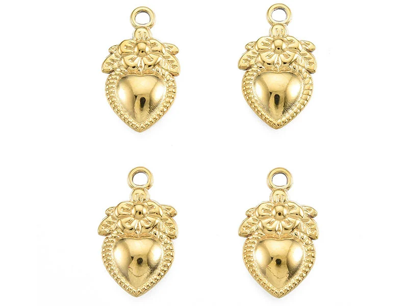 Pendentif cœur et fleur doré à l'or fin 18K Ex voto - 21 x 13 mm