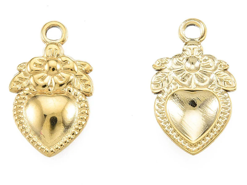 Pendentif cœur et fleur doré à l'or fin 18K Ex voto - 21 x 13 mm