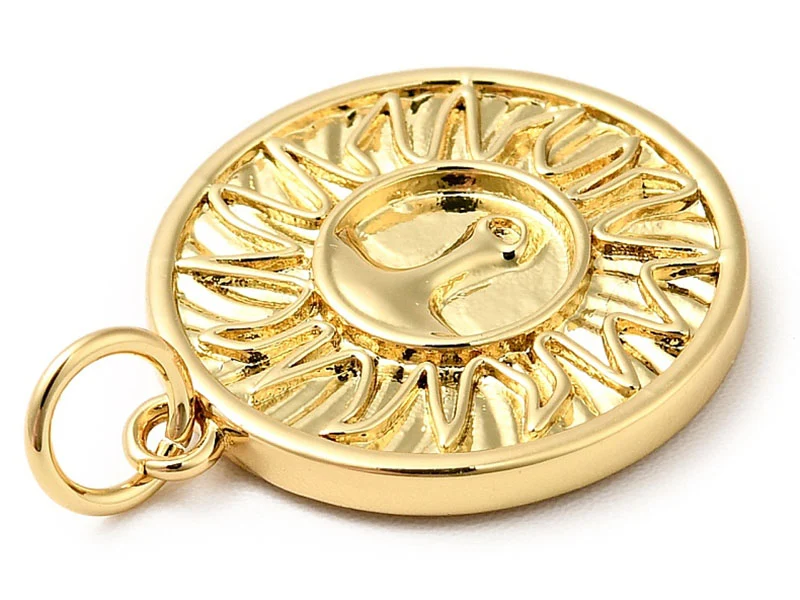 Pendentif rond doré à l'or fin 18K - Soleil ethnique - 18 x 16 mm
