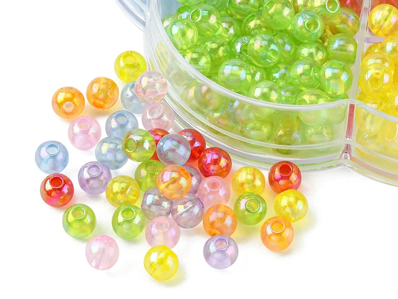 Boîte de 490 perles rondes transparentes en acrylique - 7 couleurs - 6 mm