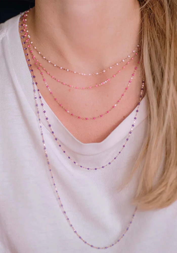 Collier Classique Gigi Or Rose Et Résines Fuchsia 42cm