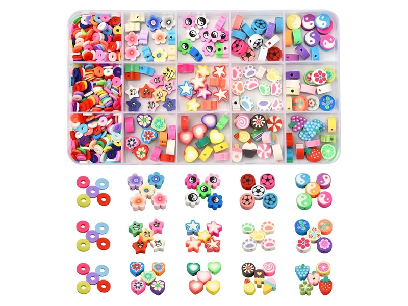 Boite de 15 styles de perles en pâte polymère - Multicolore
