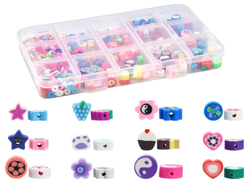 Boite de 15 styles de perles en pâte polymère - Multicolore