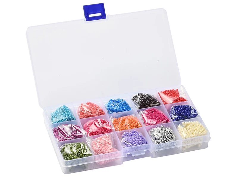 Boite de 15 couleurs variées de perles de rocailles rondes 8/0 - 3mm env.