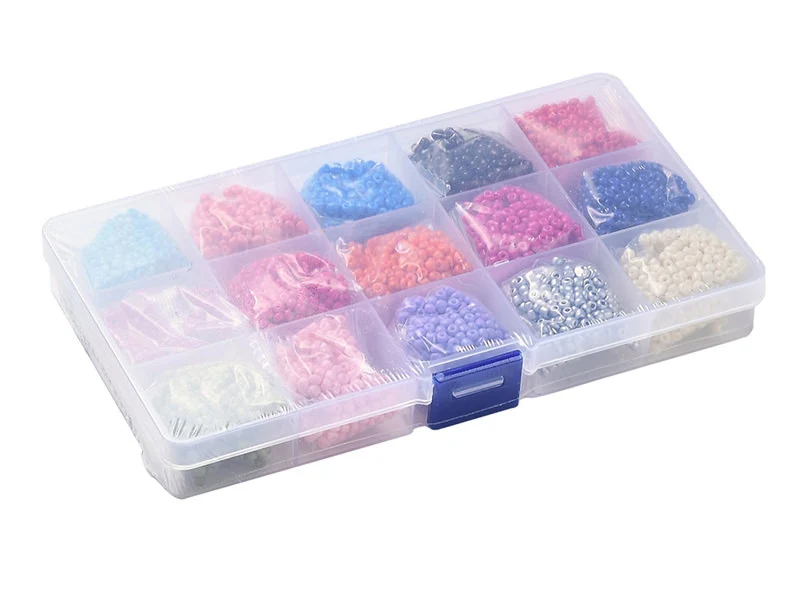 Boite de 15 couleurs variées de perles de rocailles rondes 8/0 - 3mm env.
