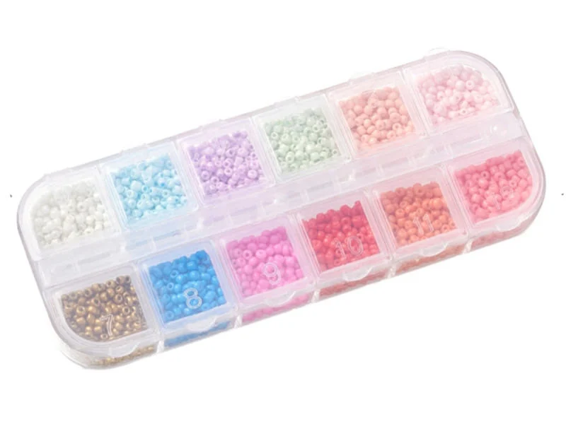 Boite de 12 couleurs estivales de perles de rocailles rondes - 2mm - 3000 pcs environ