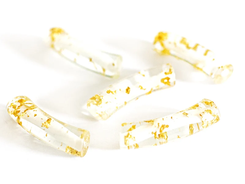 Lot de 5 perles tubes transparentes 6 mm - Feuille dorée