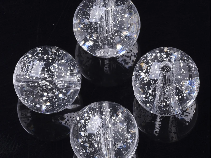 Lot de 50 perles rondes en acrylique transparentes - Pailleté argenté